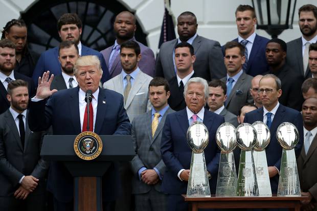 .S. President Donald Trump delivers remarks while hosting the New England Patriots and team owner Robert Kraft during a celebration of the team's Super Bowl victory on the South Lawn at the White House April 19, 2017 in Washington, DC. It was the team's fifth Super Bowl victory since 1960.