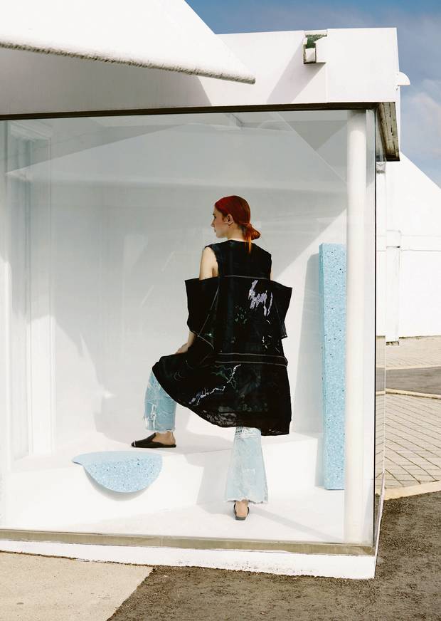 Haizhen Wang jacket, $8,250, Haizhen Wang jeans, $550 through www.haizhenwang.co.uk. Alexander Wang shoes, $836 at Nordstrom.