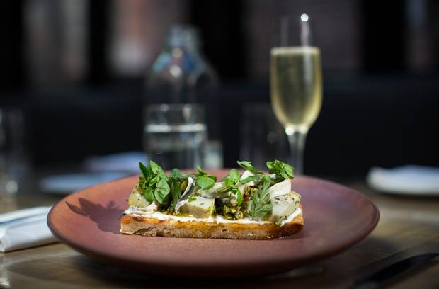 Fromage blanc tartine with a glass of champagne.