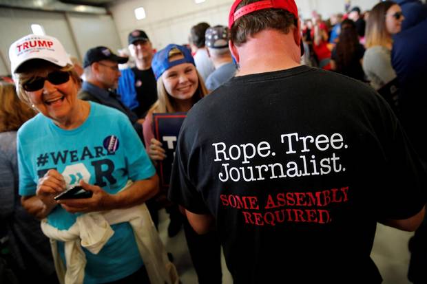 At a Minneapolis rally on Nov. 6, a Trump supporter’s T-shirt joking about killing journalists went viral.