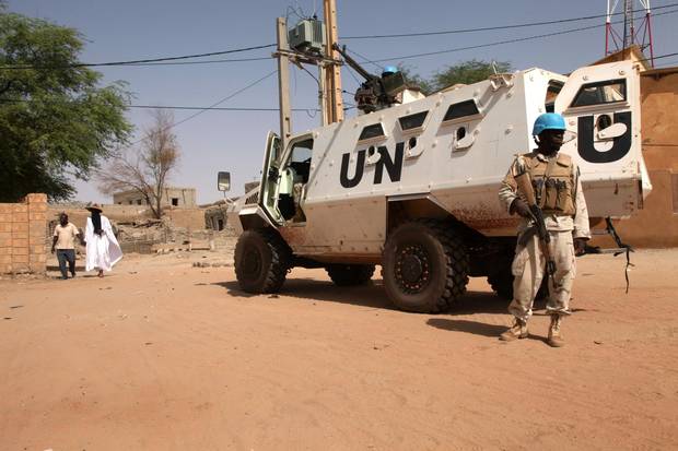 An armoured personnel carrier of The United Nations Multidimensional Integrated Stabilization Mission in Mali is parked in Timbuktu on September 19, 2016.