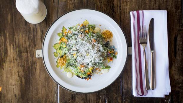 The Mackenzie Room's Filled with Neglect dish, paired with the Breakfast Fizz cocktail.