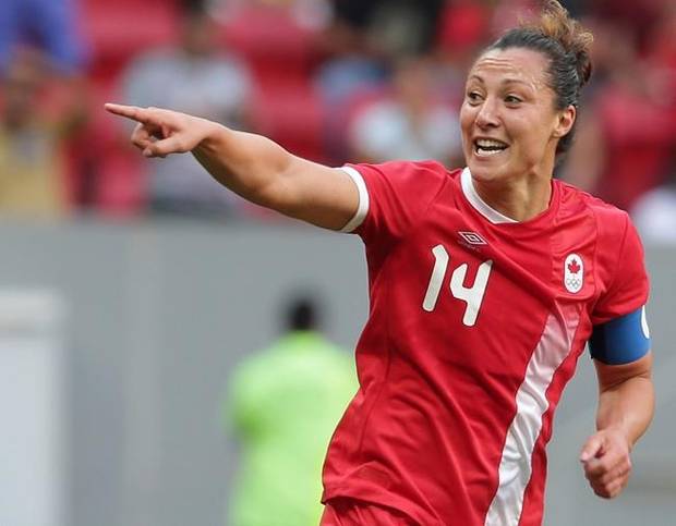 Canada's Melissa Tancredi celebrates after scoring during a Group F match of the women's Olympic football tournament between Germany and Canada at the National Stadium, in Brasilia, Brazil, Tuesday, Aug. 9, 2016. (AP Photo/Eraldo Peres)