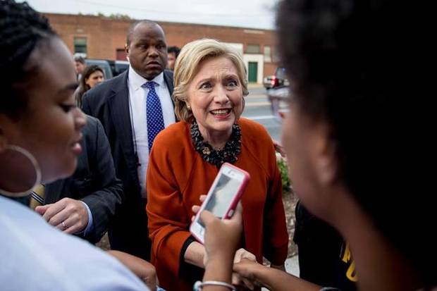 Hillary Clinton greets early voters at the Leonard J. Kaplan Center for Wellness at the University of North Carolina at Greensboro in Greensboro, N.C., on Oct. 27.
