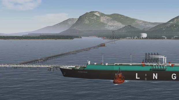 An artistic rendering of Pacific NorthWest LNGs proposal for a liquefied natural gas dock, suspension bridge and export terminal on Lelu Island, near Prince Rupert, B.C.