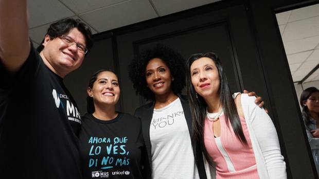 Ricardo Velez, left, and Paola Andrade, second from left, founders of Ecuador Dice No Mas, take a photo with Karla Kanora, a well-known Ecuadorean singer, and psychologist Mónica Jurado in Quito in June.