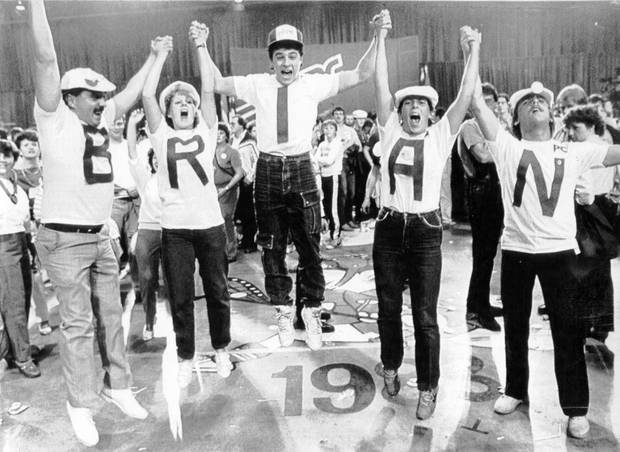 Mulroney supporters jump for joy at the party election headquarters on Sept. 4, 1984.