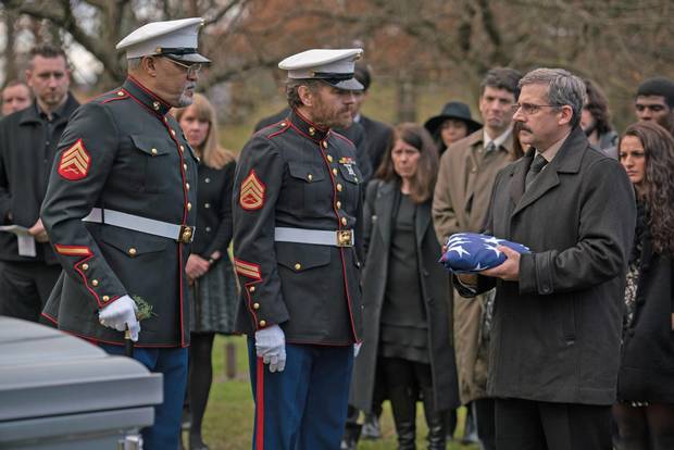Laurence Fishburne as Mueller, Bryan Cranston as Sal and Steve Carell as Larry in Richard Linklater’s Last Flag Flying.