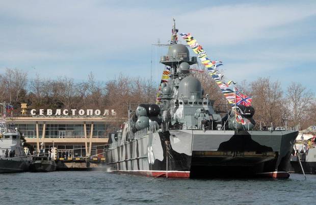 A Russian warship is seen in Sevastopol, Crimea, on Feb. 23, 2016.