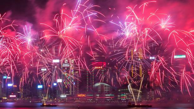 Fireworks explode over Victoria Harbour during Lunar New Year celebrations in Hong Kong on February 9, 2016.
