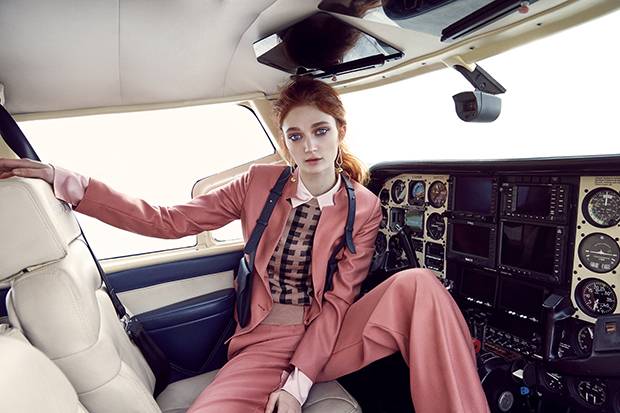 Hugo blazer, $650, trousers, $375 through hugoboss.com. Frame blouse, $399, at Nordstrom (nordstrom.com). Dries Van Noten sweater, $795 at Saks Fifth Avenue (saks.com). Leather harness, $5,000 at Hermès (hermes.com). Biko earrings, $85 through ilovebiko.com.