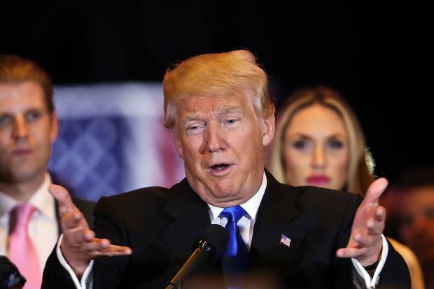 Donald Trump speaks to supporters and the media at Trump Tower in Manhattan following his victory in the Indiana primary on May 3.