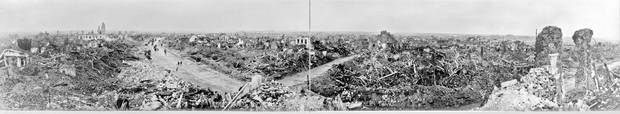 A panoramic view of the strategic town of Lens. The Battle of Hill 70 saw Canadian soldiers take a strategic hill near the town, so named because it was 70 metres above sea level. It took place only four months after the more famous battle of Vimy Ridge nearby.