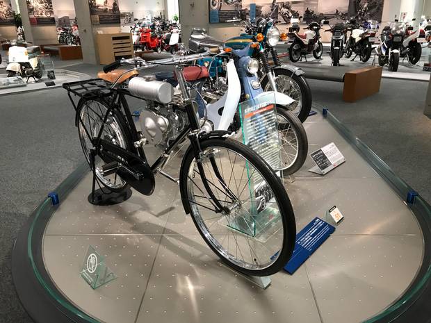 The 1947 Honda Model A was a 50cc, two-stroke rotary valve engine to be mounted on bicycles. It was also the first mass-produced product to carry Honda’s name.