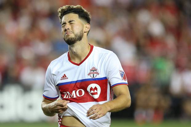 Toronto FC midfielder Chris Mannella (20) reacts to missing the net in the second half against the Montreal Impact at BMO Field. Montreal Impact won 1-0.