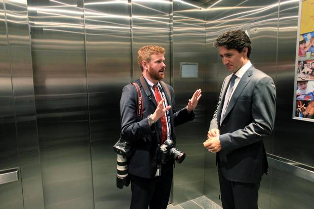 Adam Scotti chats with the Prime Minister in an elevator after an event at the Canadian Museum of Nature on June 28, 2016, in Ottawa.