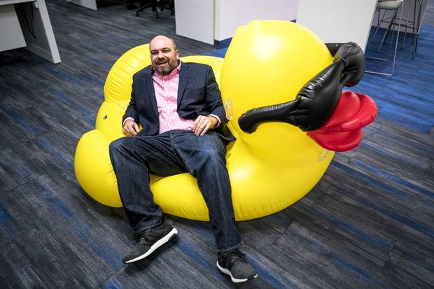 Mark Jaine, president and chief executive officer of Toronto-based Intelex, on one of several pool tools at the software company’s Toronto head office on Nov. 28. Mr. Jaine remembers putting a server into the back seat of his car, back in 2003, when the company had about 15 employees and began a turning point in its digital strategy.
