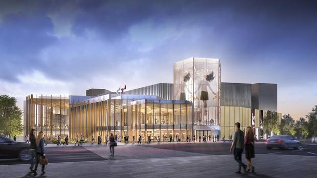 A renovation at the National Arts Centre in Ottawa will replacing some of the complex’s outdoor terraces with three wings of heavy timber, wrapped in a glass and perforated aluminum curtain wall.