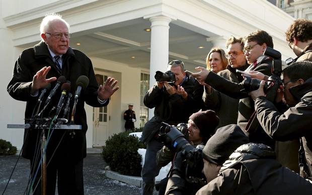 Bernie Sanders speaks to reporters at the White House after an Oval Office meeting with U.S. President Barack Obama in January.