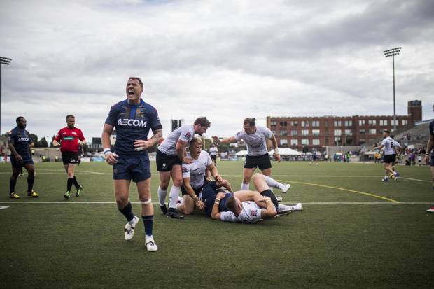 Toronto Wolfpack players celebrate a win against the Whitehaven RLFC.