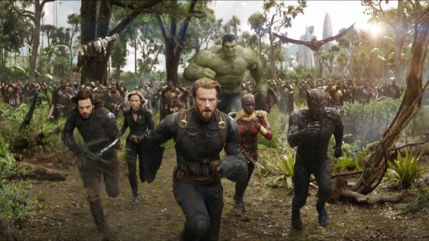 Left to right: Don Cheadle as War Machine, Sebastian Stan as Winter Soldier, Scarlett Johansson as Black Widow, Chris Evans as Captain America, Mark Ruffalo as the Hulk, Danai Gurira as Okoye, Anthony Mackie as Falcon and Chadwick Boseman as Black Panther in Avengers: Infinity War.