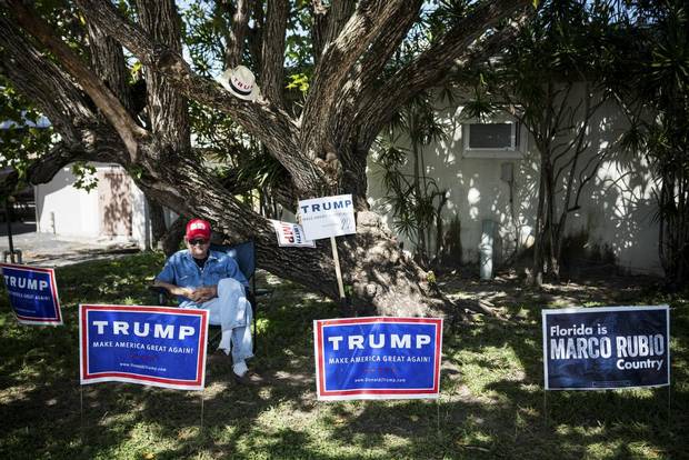 Jose Prado leans on a Donald Trump sign in Miami this week. To keep the 'Silent Majority' in the fold, the Republican party has had to face outside challenges from time to time, but nothing like Mr. Trump.