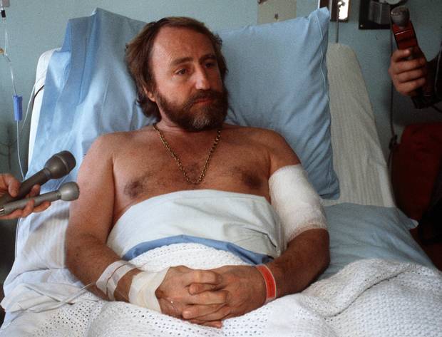 Peter Pocklington rests in hospital after a 12 hour hostage taking ordeal at Pocklington Financial Corporation April 20, 1982. Pocklington was shot during the rescue but not serious.