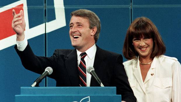 Brian Mulroney and his wife, Mila, wave to supporters on election night on Sept. 4, 1984.