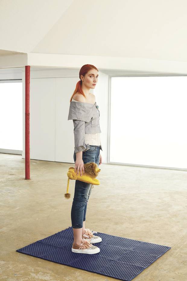 Jaeha top, $490, Jaeha jacket, $380 through www.jaeha.com. Fidelity jeans, $288 through www.fidelitydenim.com. Miu Miu shoes, $1,615, Loewe lion puppet charm, $1,750 at Nordstrom. Studio Method(e) earrings (worn as brooches), $83 through www.studiomethode.com.