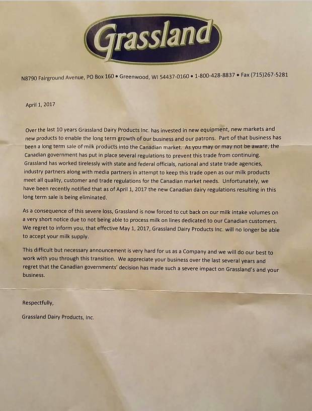 The letter received by dozens of Wisconsin dairy farms telling them their milk was no longer needed because of a change in Canadian government policy.