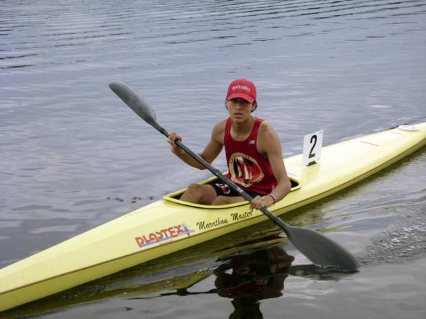 Dawson Nootchtai from Atikmeksheng Anishnawbek, just outside of Sudbury. At NAIG 2014, he won gold in every event he entered -- the 3,000 metre, 200 metre and 1,000 metre kayak races. He was only 14 competing in the U16 category. He’s back again in 2017 on Ontario’s U19 team. Indigenous games story