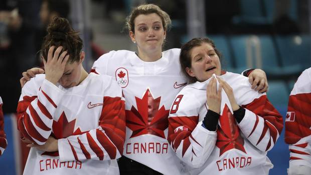 Memebers of Team Canada react during the medals ceremony for women's hockey at the 2018 Winter Olympics in Gangneung, South Korea, Thursday, Feb. 22, 2018.