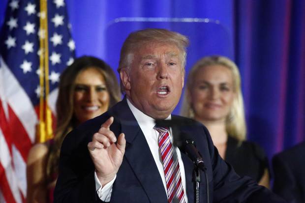 Republican presidential candidate Donald Trump delivers remarks using a teleprompter on Tuesday night.