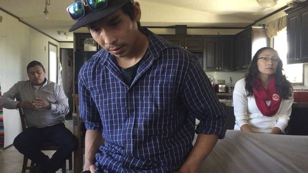 Sheldon Wuttunee, Colten’s brother William Boushie and Jade Tootoosis are shown in the Red Pheasant First Nation home where Debbie Baptiste lives.