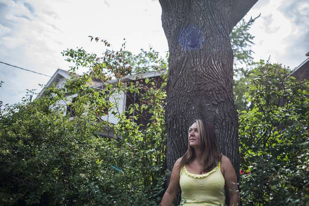 Katharine Harrison poses for a portrait under a tree near her home in the Beaches neighbourhood on Friday, July 29. Harrison's arm was injured when she was hit by a falling branch while she exchanging books at the neighbourhood library box.