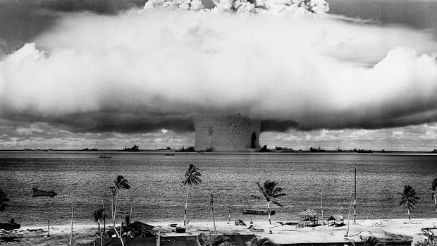 A massive column of water rises from the sea as the second atomic bomb test at Bikini Atoll explodes underwater on July 25, 1946.