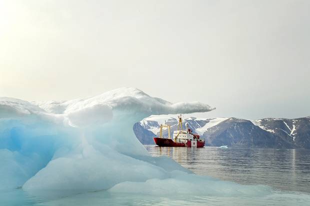 The Polar Prince anchored off the shore of Sirmilik National Park in Lancaster Sound. Michelle Valberg/Students on Ice Foundation.