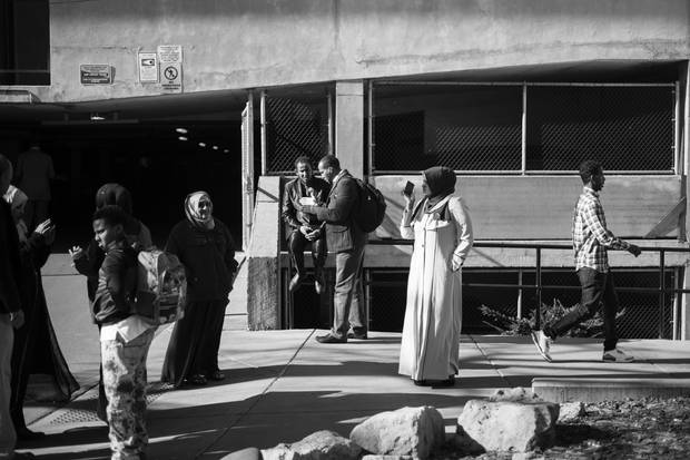 Somalis gather after Friday prayers outside the mosque in the Cedar-Riverside neighbourhood of Minneapolis.