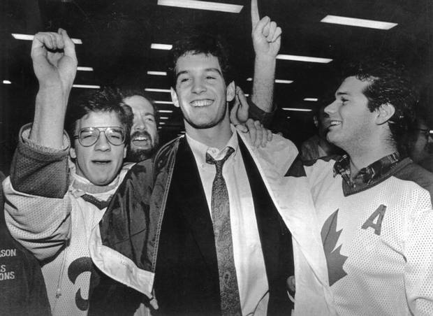1987 Canadian world juniors team member Brendan Shanahan, now president of the Toronto Maple Leafs, is welcomed home by a group of fans at Toronto International Airport. Shanahan was involved in two fights during the infamous brawl.