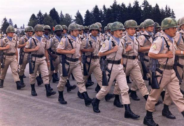 Soldiers on parade at Fort Lewis in 1974.