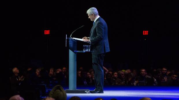Former prime minister Stephen Harper pauses while addressing delegates during the 2016 Conservative Party convention in Vancouver on May 26, 2016.