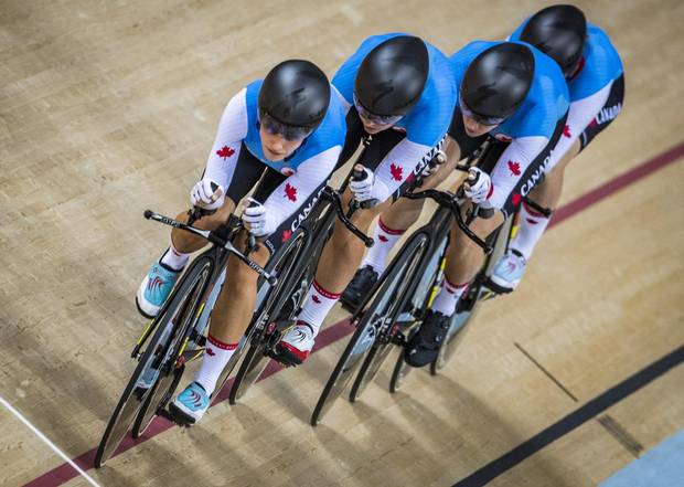 The Canada women's Team Pursuit racers Allison Beverage, Jasmin Glaesser, Kirsti Lay and Georgia Simmerling during their bronze medal race in 2016 Olympic games in Rio August 13, 2016. The women's eight place 5th in the final.