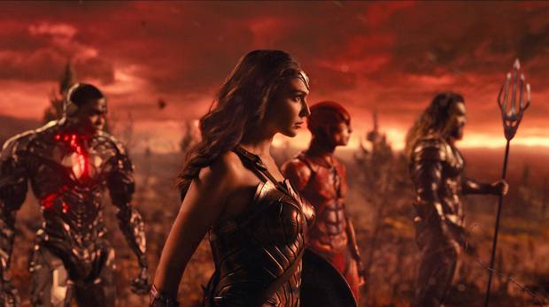Ray Fisher as Cyborg, Gal Gadot as Wonder Woman, Ezra Miller as the Flash and Jason Momoa as Aquaman in Justice League.