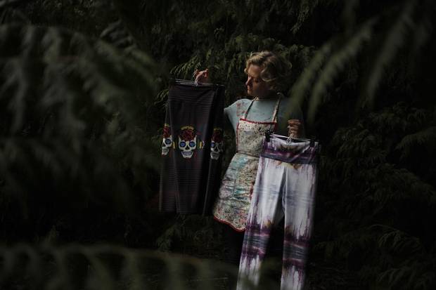 Salt Spring Island, B.C., artist Hannah Stone transfers the vibrant hues of her paintings onto activewear for women. Here she shows her sublimation printed abstract leggings on March 18, 2018.