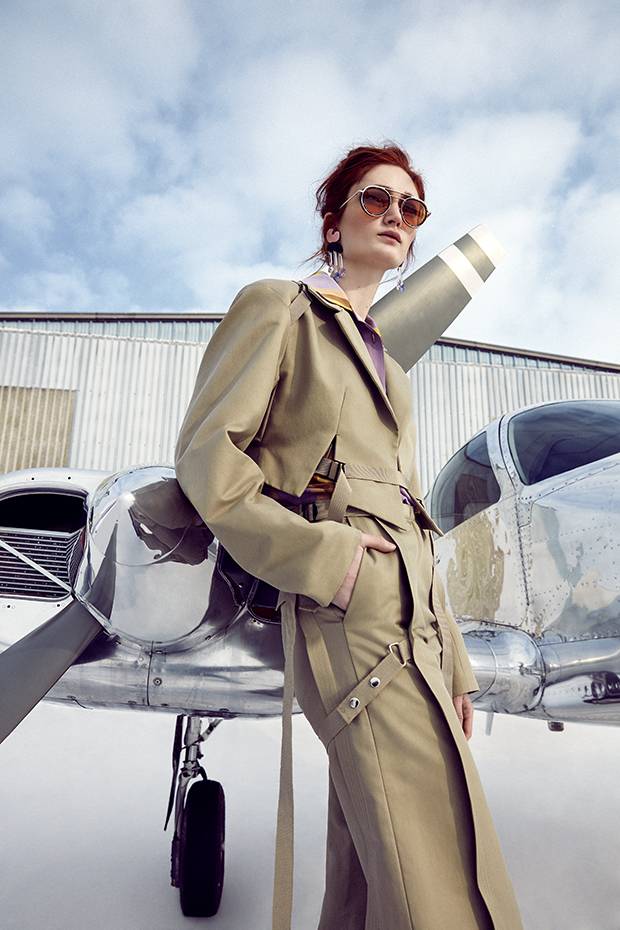 Kathryn Bowen jacket and pants, price on request, through kathrynbowen.com. Dries van Noten shirt, $895, at Saks Fifth Avenue (saks.com). Melody Ehsani earrings, $75 at Nordstrom (nordstrom.com). Sunglasses, $570 at Cutler and Gross (cutlerandgross.com).