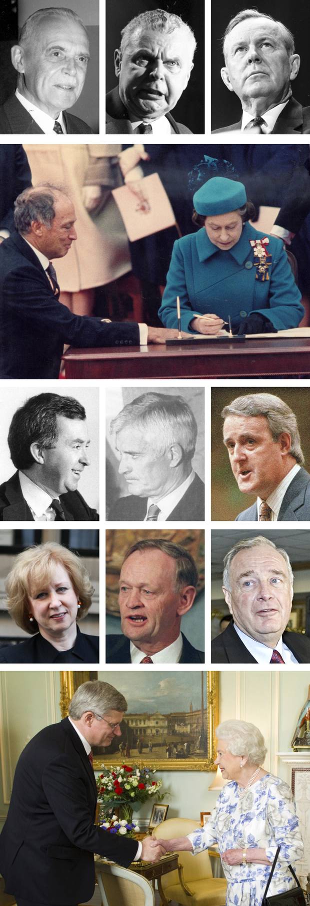 Top row: Louis St. Laurent, John Diefenbaker and Lester Pearson. Second row: The Queen with Pierre Trudeau in 1982. Third row: Joe Clark, John Turner and Brian Mulroney. Fourth row: Kim Campbell, Jean Chrétien and Paul Martin. Fifth row: The Queen with Stephen Harper in 2012.