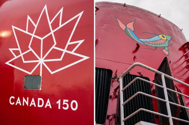 Indigenous art and the Canada 150 logo adorn the ship. Reconciliation with Indigenous peoples is a key theme of the voyage.