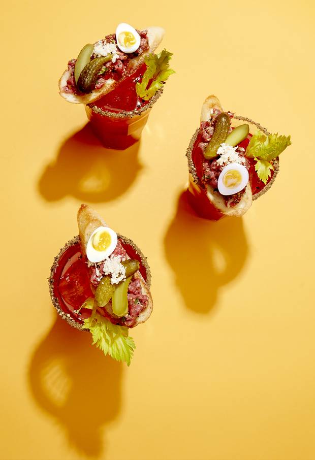 GARNISH OPTION #3: Tartare Caesar (Marché Bar à Tartare, Montreal). Crouton; classic beef tartare; horseradish; cornichon; boiled quail egg