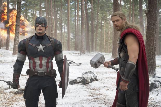 Chris Evans and Chris Hemsworth as Captain America and Thor in Marvel’s Avengers: Age of Ultron.