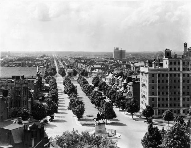 Richmond’s Monument Avenue, seen in the 1920s, is lined by statues of Confederate leaders unveiled over a 40-year period 